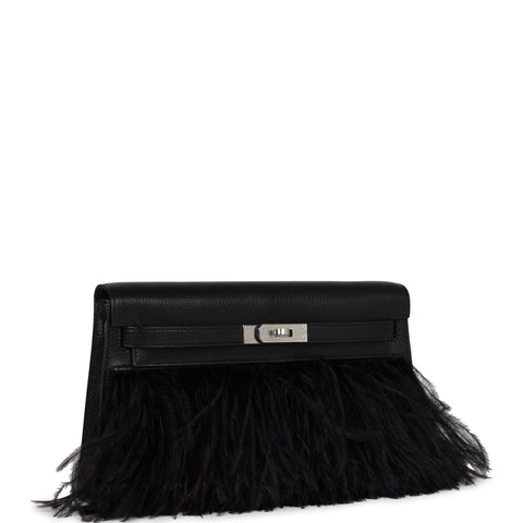 Hermes Kelly Elan Foile Black Shiny Porosus Crocodile and Ostrich Feather Palladium Hardware