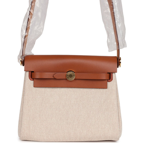 Hermes Herbag Zip 20 Mini Ecru and Beige Toile H Canvas and Fauve Vache Hunter Gold Hardware