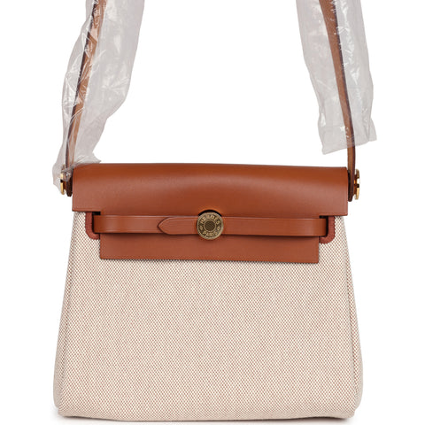 Hermes Herbag Zip 20 Mini Ecru and Beige Toile H Canvas and Fauve Vache Hunter Gold Hardware