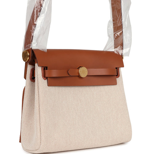 Hermes Herbag Zip 20 Mini Ecru and Beige Toile H Canvas and Fauve Vache Hunter Gold Hardware