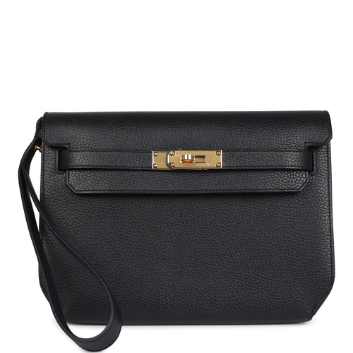Pre-owned Hermes Kelly Depeches 25 Black Galop d'Hermes Gold Hardware
