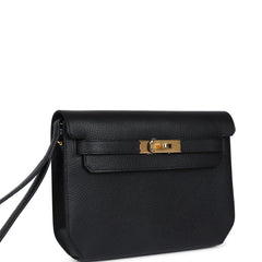 Pre-owned Hermes Kelly Depeches 25 Black Galop d'Hermes Gold Hardware