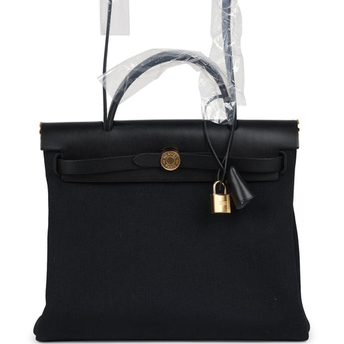 Hermes Herbag Zip 31 PM Black Toile Militaire Canvas and Vache Hunter Gold Hardware