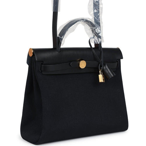 Hermes Herbag Zip 31 PM Black Toile Militaire Canvas and Vache Hunter Gold Hardware