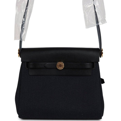 Hermes Herbag Zip 20 Mini Black Toile Militaire Canvas and Black Vache Hunter Gold Hardware