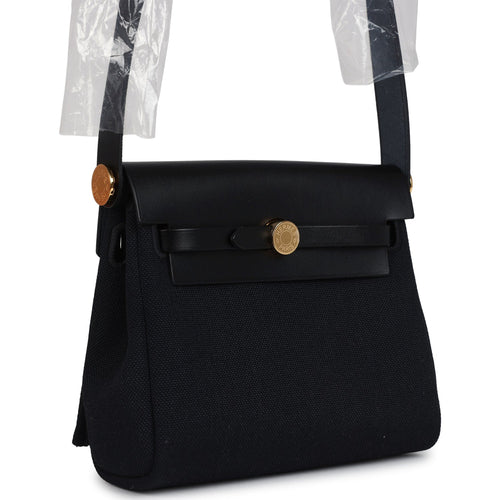 Hermes Herbag Zip 20 Mini Black Toile Militaire Canvas and Black Vache Hunter Gold Hardware
