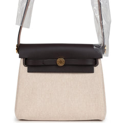 Hermes Herbag Zip 20 Mini Ecru, Beige Toile H Canvas, Ebene Vache Hunter Gold Hardware