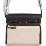 Hermes Herbag Zip 20 Mini Ecru, Beige Toile H Canvas, Ebene Vache Hunter Gold Hardware - Thumbnail View 5