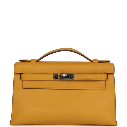 Pre-owned Hermes Kelly Pochette Jaune Ambre Swift Palladium Hardware front 1