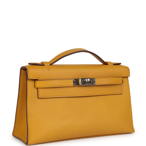 Pre-owned Hermes Kelly Pochette Jaune Ambre Swift Palladium Hardware back
