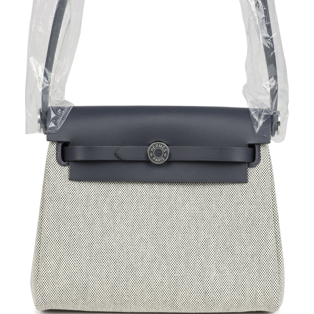Hermes Herbag Zip 20 Mini Ecru and Ardoise Toile H Canvas and Ardoise Vache Hunter Palladium Hardware Grey New and never worn Toile/Leather