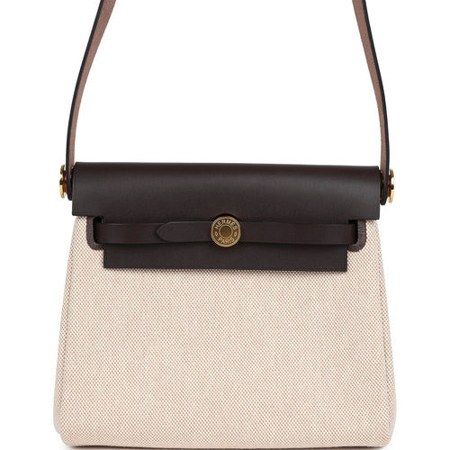 Hermes Herbag Zip 20 Mini Ecru and Beige Toile H Canvas and Ebene Vache Hunter Gold Hardware