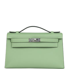 Hermes Kelly Pochette Vert Criquet Swift Palladium Hardware