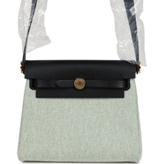 Hermes Herbag Zip 20 Mini Ecru and Vert Moyen Toile H Canvas and Black Vache Hunter Gold Hardware