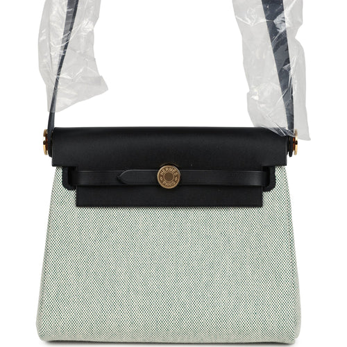 Hermes Herbag Zip 20 Mini Ecru and Vert Moyen Toile H Canvas and Black Vache Hunter Gold Hardware