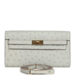 Hermes Kelly Wallet To Go Gris Perle Ostrich Gold Hardware