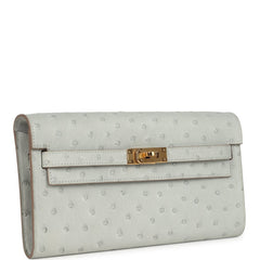 Hermes Kelly Wallet To Go Gris Perle Ostrich Gold Hardware