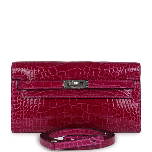 Hermes Kelly Wallet To Go Rose Pourpre Shiny Alligator Mississippiensis Palladium Hardware front