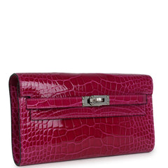 Hermes Kelly Wallet To Go Rose Pourpre Shiny Alligator Mississippiensis Palladium Hardware side