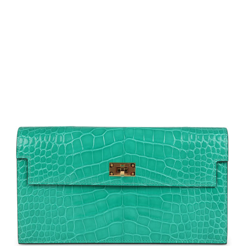 Hermes Kelly Pocket Long Wallet Vert Jade Shiny Alligator Gold Hardware