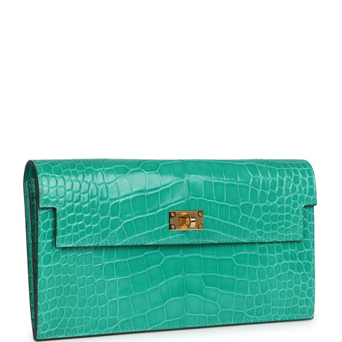 Hermes Kelly Pocket Long Wallet Vert Jade Shiny Alligator Gold Hardware
