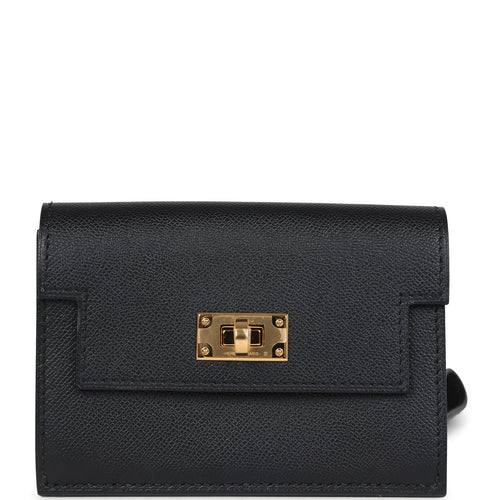 Hermes Kelly Pocket Slim Wallet Black Madame Gold Hardware