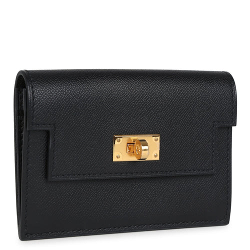 Hermes Kelly Pocket Slim Wallet Black Madame Gold Hardware