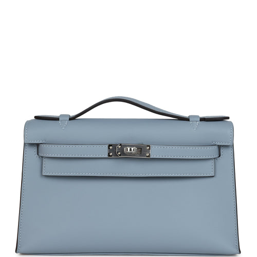 Hermes Kelly Pochette Bleu Lin Swift Palladium Hardware