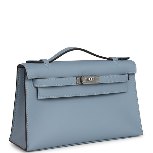 Hermes Kelly Pochette Bleu Lin Swift Palladium Hardware
