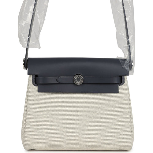 Hermes Herbag Zip 20 Mini Ecru and Bleu Glacier Toile H Canvas and Ardoise Vache Hunter Palladium Hardware