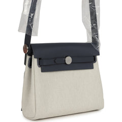 Hermes Herbag Zip 20 Mini Ecru and Bleu Glacier Toile H Canvas and Ardoise Vache Hunter Palladium Hardware