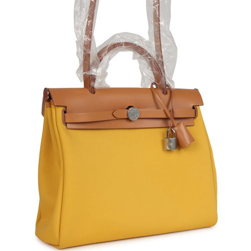 Hermes Herbag Zip 31 PM Soleil Toile H Canvas and Natural Sable Vache Hunter Palladium Hardware