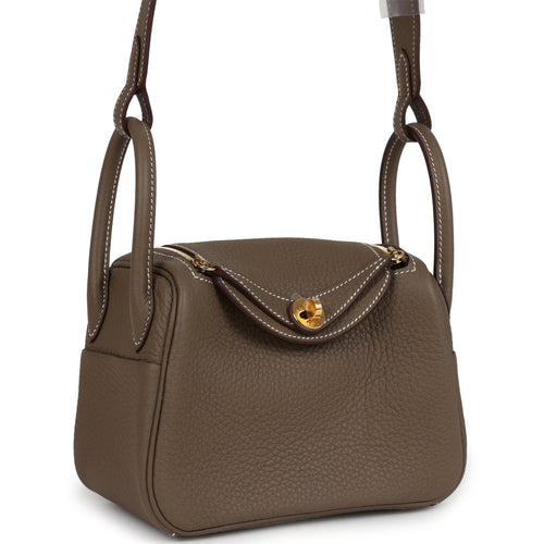 Hermes Mini Lindy II Etoupe Clemence Gold Hardware