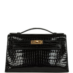 Hermes Kelly Pochette Black Shiny Porosus Crocodile Gold Hardware