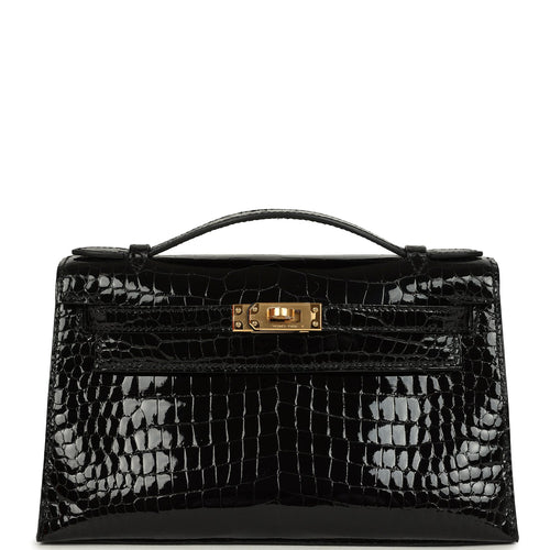 Hermes Kelly Pochette Black Shiny Porosus Crocodile Gold Hardware