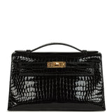 Hermes Kelly Pochette Black Shiny Porosus Crocodile Gold Hardware