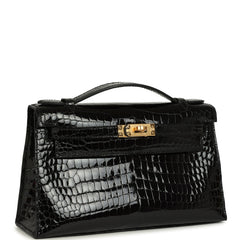 Hermes Kelly Pochette Black Shiny Porosus Crocodile Gold Hardware