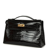 Hermes Kelly Pochette Black Shiny Porosus Crocodile Gold Hardware