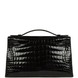 Hermes Kelly Pochette Black Shiny Porosus Crocodile Gold Hardware