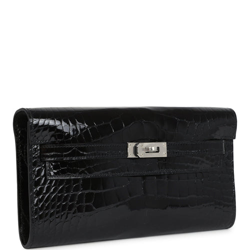 Hermes Kelly Wallet To Go Black Shiny Alligator Palladium Hardware