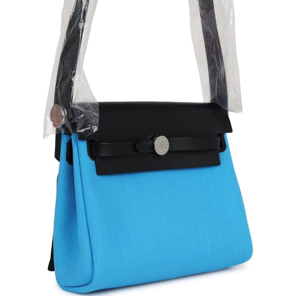 Hermes Herbag Zip 20 Mini Bleu Riviera Toile H Canvas and Black Vache