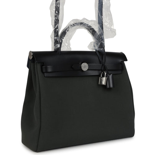 Hermes Herbag Zip 31 PM Vert Mangrove Toile Militaire Canvas and Black Vache Hunter Palladium Hardware
