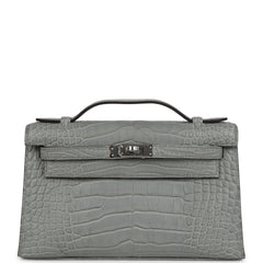 Hermes Kelly Pochette Gris Ciment Matte Alligator Palladium Hardware