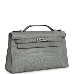 Hermes Kelly Pochette Gris Ciment Matte Alligator Palladium Hardware