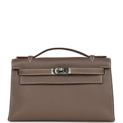 Pre-owned Hermes Kelly Pochette Etoupe Swift Palladium Hardware