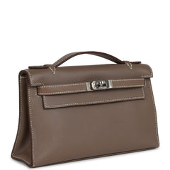 Pre-owned Hermes Kelly Pochette Etoupe Swift Palladium Hardware