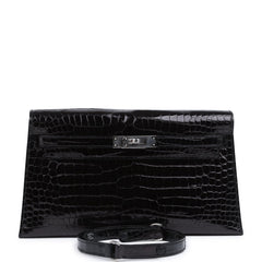 Hermes Kelly Elan Black Shiny Porosus Crocodile Palladium Hardware