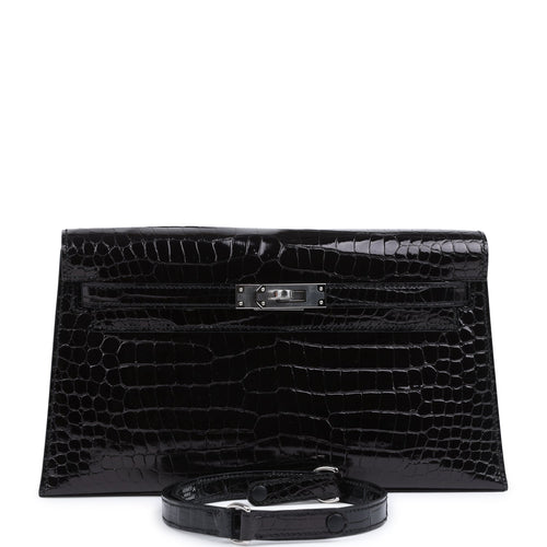Hermes Kelly Elan Black Shiny Porosus Crocodile Palladium Hardware