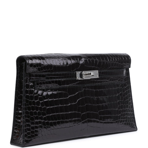 Hermes Kelly Elan Black Shiny Porosus Crocodile Palladium Hardware