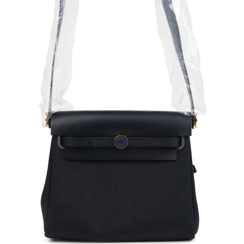 Hermes Herbag Zip 20 Mini Bleu Indigo Toile Militaire Canvas and Bleu Marine Vache Hunter Gold Hardware